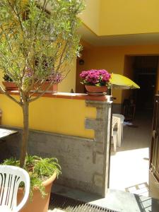 a patio with a table and chairs and flowers at Home To Fly in Naples