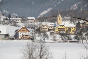 um grupo de casas numa aldeia coberta de neve em Landhaus Löscher em Seeboden