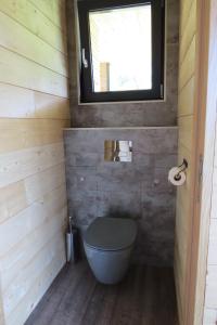 ein kleines Badezimmer mit Toilette und Fenster in der Unterkunft Nature Cottage Vosges in Anould + 47 Fotos