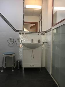 ハノーファーにあるFerienwohnung Dähneのバスルーム(洗面台、鏡付)