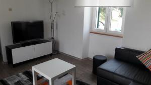ein Wohnzimmer mit einem Sofa und einem TV in der Unterkunft Villa Zwei Zedern in Pićan