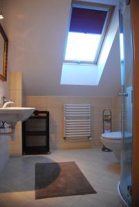 ein Bad mit einem Fenster, einem Waschbecken und einem WC in der Unterkunft Apartamenty ANNA in Brenna