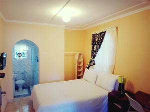 1 dormitorio con cama blanca y puerta azul en Lynns Guest House en Bulawayo