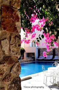 
a pool with flowers in it next to a stone wall at Atalos Suites in Kamari
