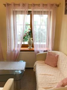 a living room with a couch and a window at Pensjonat Belona in Dziwnów