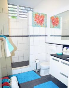 a white bathroom with a toilet and a shower at Villa Cleavage in Simpson Bay