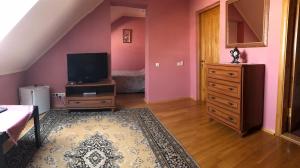 a living room with a tv and a dresser and a room with a bed at Complex Vivcharyk in Skole