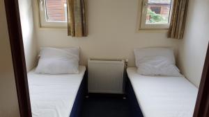 two beds in a small room with two windows at Deluxe Holiday Home in Putten
