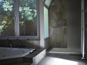 a bathroom with a tub and a shower and a window at Cabañas Latitud 38.15 in Sierra de la Ventana +16 photos