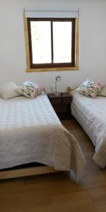 una camera con due letti e una finestra di Refugio Simple Sur Casa 6 personas a Malalcahuello