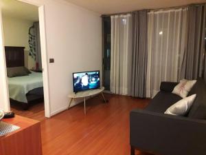 uma sala de estar com um sofá e uma televisão de ecrã plano em Centro Anita em Santiago