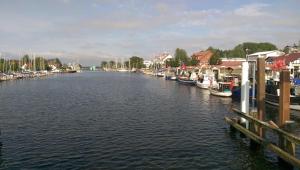 a group of boats docked in a river with houses at Ferienhaus Barbara Ehrhardt in Lühmannsdorf