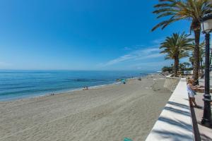 a person standing on a beach with palm trees and the ocean at Casa Alma in Marbella