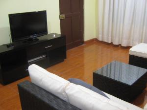 apartamentos Los cedros في ليما: غرفة معيشة مع أريكة وتلفزيون بشاشة مسطحة
