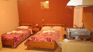 a bedroom with two beds and a sink in it at Astir Rooms in Póros Kefalonias