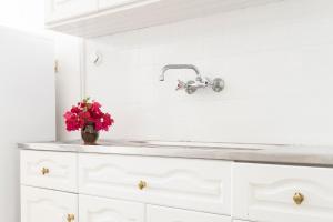 a kitchen counter with a sink and flowers in a vase at Douka Sea Front Residencies in Monemvasia