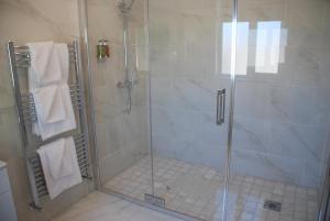 un bagno con doccia con porta in vetro di Tuskar House by the Sea a Rosslare