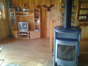 ein Wohnzimmer mit einem Kamin und einem TV in der Unterkunft Ferien auf dem Lande in Leopoldshagen