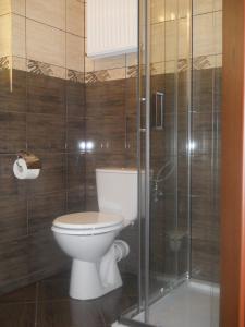 een badkamer met een toilet en een glazen douche bij U Derca in Gnieżdżewo