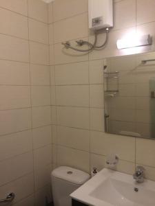 a bathroom with a toilet and a sink and a mirror at Villa Rena In Front of the Sea in Arkoudi +52 photos