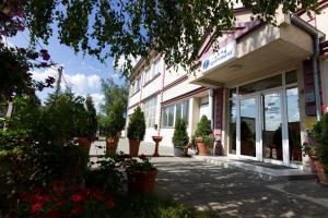 ein Gebäude mit Topfpflanzen außerhalb des Gebäudes in der Unterkunft F Apartmani Kragujevac in Kragujevac