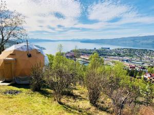 yurta en una colina con vistas al agua en Narvik Adventures AS, en Narvik