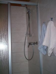 a shower in a bathroom with white towels at Pension Im Rehwinkel in Soltau