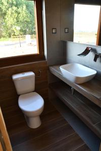 La salle de bains est pourvue de toilettes, d'un lavabo et d'une fenêtre. dans l'établissement Solankowe Zacisze, à Baryczka