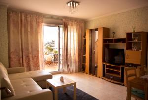 a living room with a couch and a tv and a window at Apartamento Retamar in Retamar