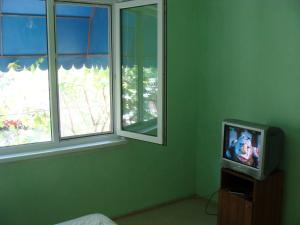uma pequena televisão num quarto com duas janelas em Отдельный дом в Грибовке em Hrybivka