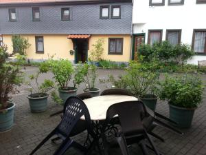 einen Tisch und Stühle in einem Innenhof mit Topfpflanzen in der Unterkunft Haus Schammes in Wutha-Farnroda