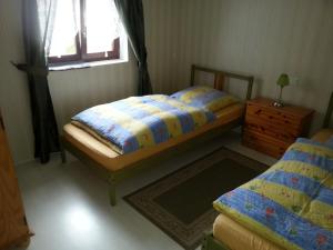 Un dormitorio con dos camas y una ventana. en Haus Schammes, en Wutha-Farnroda