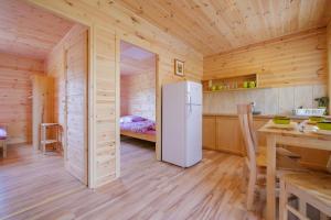 a kitchen with a refrigerator in a wooden cabin at Rodzinne Rusinowo in Rusinowo