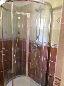 eine Dusche mit Glastür im Bad in der Unterkunft Julianna apartmanhaz in Balatonlelle