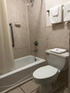 a bathroom with a toilet and a tub and a sink at Mid Continent Inn in Greenwood +8 photos