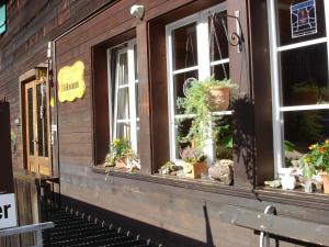ein Fenster eines Gebäudes mit Topfpflanzen darauf in der Unterkunft Lehmann's Herberge Hostel in Grindelwald