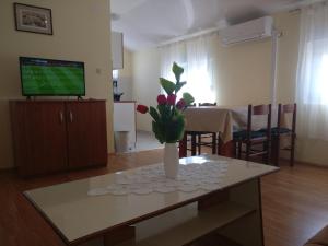 salon z wazą kwiatów na stole w obiekcie Apartment Bucic w mieście Vir