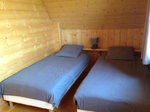 two beds in a room with wooden walls at La Clé Des Champs in Biltzheim
