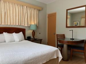 a bedroom with a bed and a desk and a mirror at Viscay Hotel in Miami Beach