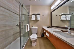 a bathroom with a toilet and a sink and a shower at Sun Peaks Lodge in Sun Peaks