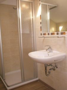 a bathroom with a sink and a shower at Gruppenhaus Thalackerhof in Brunico