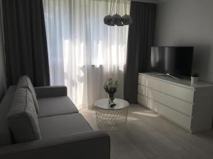 un soggiorno con divano e TV di Mg Apartamenty - Apartament 51 a Oświęcim