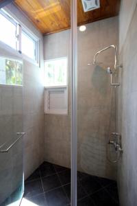 a bathroom with a shower with a glass door at Song Yue Homestay in Yuchi