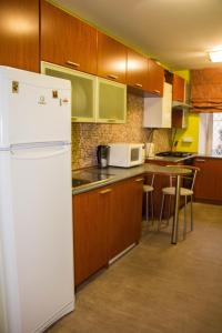 a kitchen with wooden cabinets and a white refrigerator at Apartment on Pushkina in Kazan