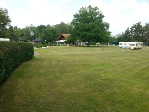 a large grass field with two rvs parked in it at Campingplatz Blauer See in Lünne