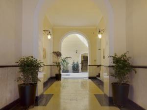 羅馬的住宿－Room with a view 105，建筑里两棵盆栽的走廊