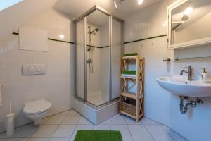 a bathroom with a shower and a toilet and a sink at Ferienwohnungen Hotel Garni Dörflerwirt in Aflenz Kurort