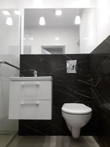 een badkamer met een wit toilet en een zwarte muur bij ActivTower Apartament in Katowice
