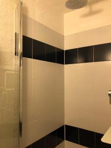 カンヌにあるVacances Cannoise, mer et piscineの黒と白のタイル張りの壁のバスルーム(シャワー付)