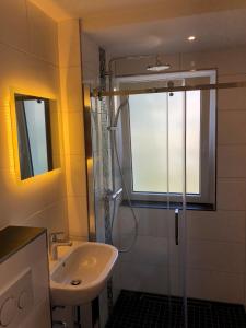 ein Bad mit einer Glasdusche und einem Waschbecken in der Unterkunft Apartment Hannover / Messe in Hannover